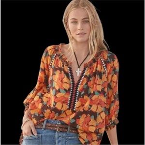 Sundance Hibiscus Bloom Printed Embroidered Boho Top. M